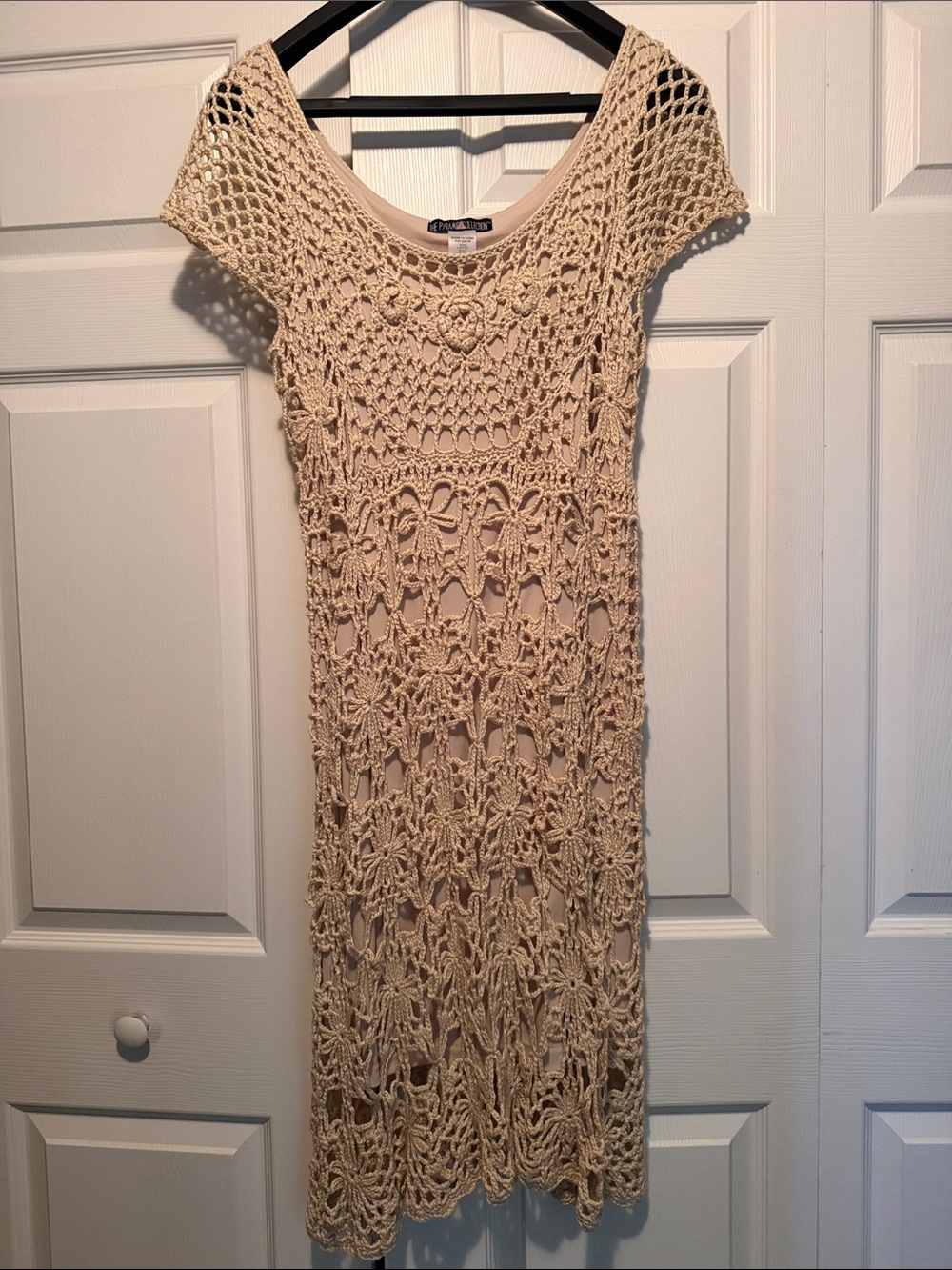 The Pyramid Collection Beige Crochet Midi Dress